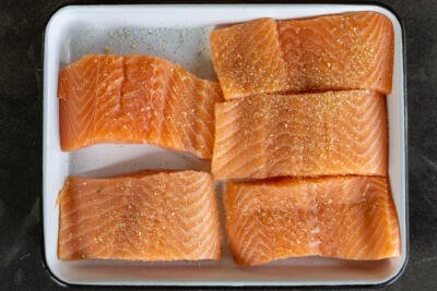 Sliced and seasoned salmon.