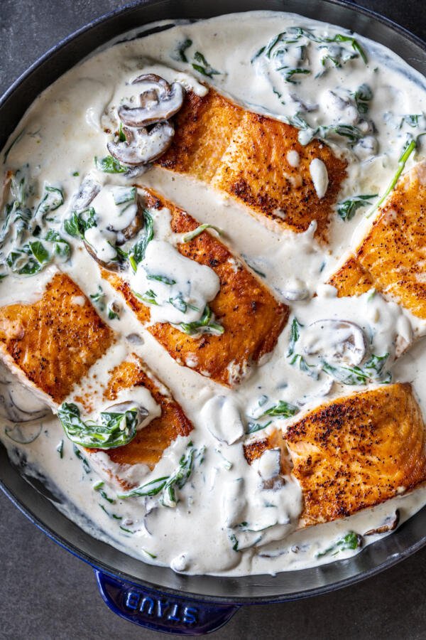 Salmon Florentine in a serving pan. 