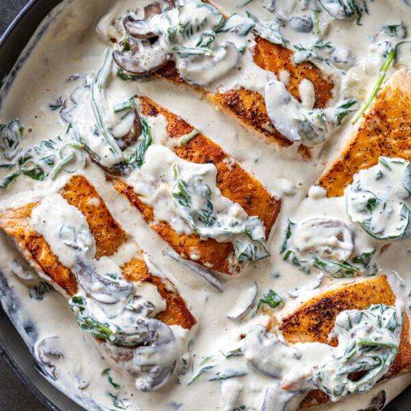 Baked Salmon Florentine in a serving pan.