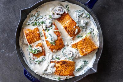 Baked Salmon Florentine in a pan.