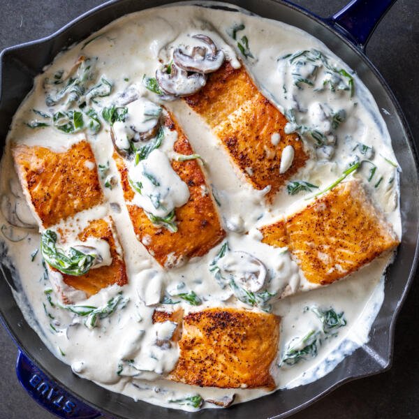 Baked Salmon Florentine in a pan.