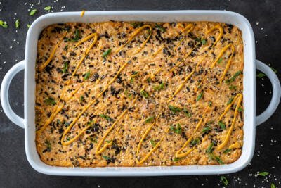 Sushi Bake with salmon in a pan.