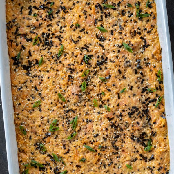 Baked Sushi Bake in a baking pan.