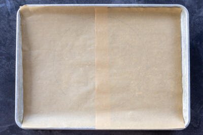 Baking sheet lined with parchment paper.