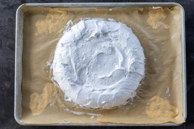 Pavlova mixture on a baking sheet.
