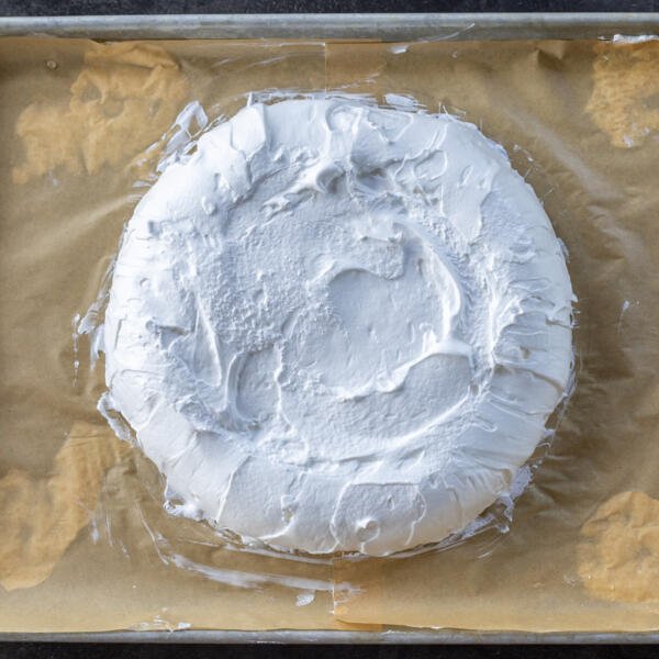 Pavlova mixture on a baking sheet.
