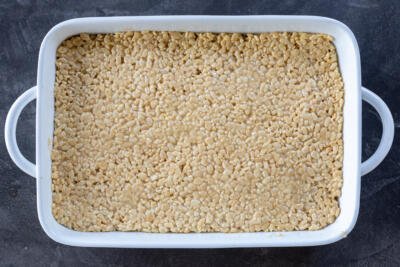 Rice Crispy treats in baking pan.