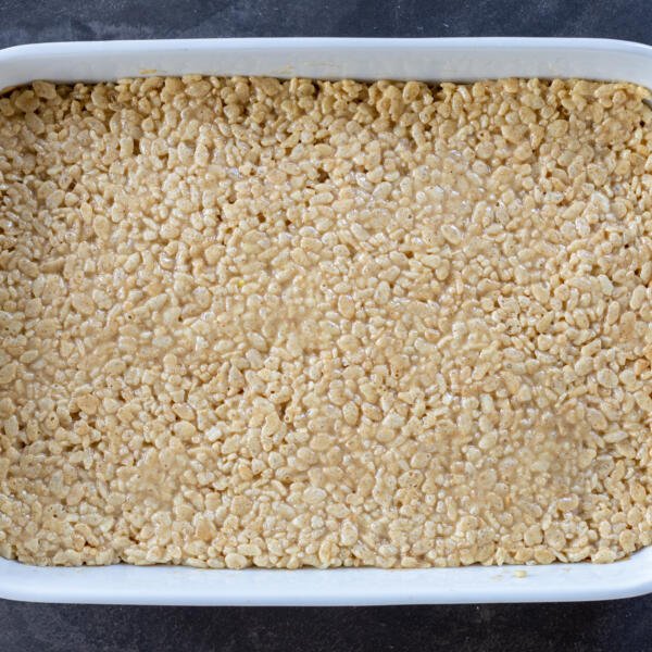 Rice Crispy treats in baking pan.