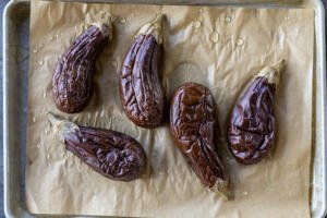 Baked Eggplant on a baking sheet.