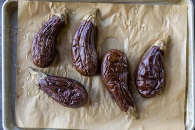 Baked Eggplant on a baking sheet.