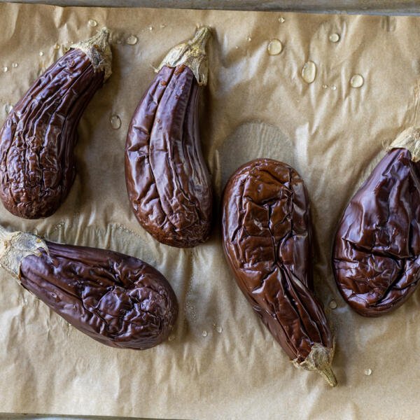 Baked Eggplant on a baking sheet.