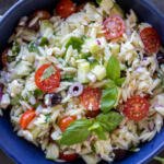 Greek Orzo Salad with Feta in a serving bowl.