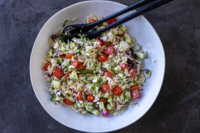 Greek Orzo Salad with Feta in a bowl.