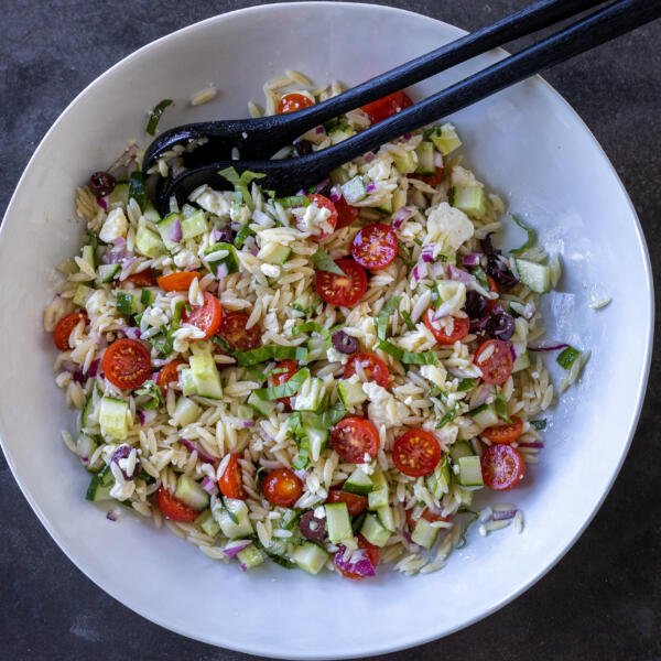 Greek Orzo Salad with Feta in a bowl.