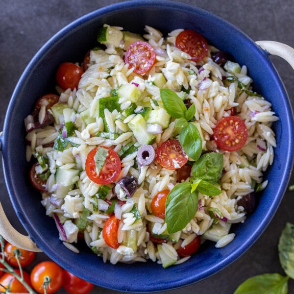Bowl with Greek Orzo Salad with Feta.