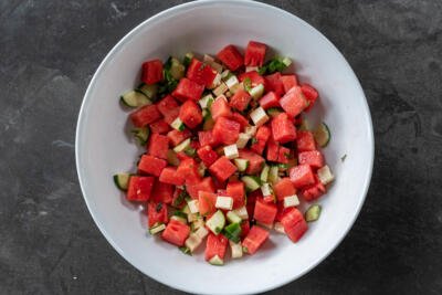 Bowl with Greek Watermelon Feta Salad.