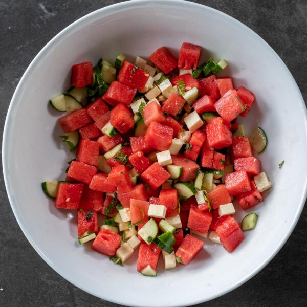 Bowl with Greek Watermelon Feta Salad.