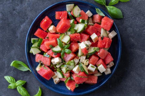 Greek Watermelon Feta Salad in a plate.