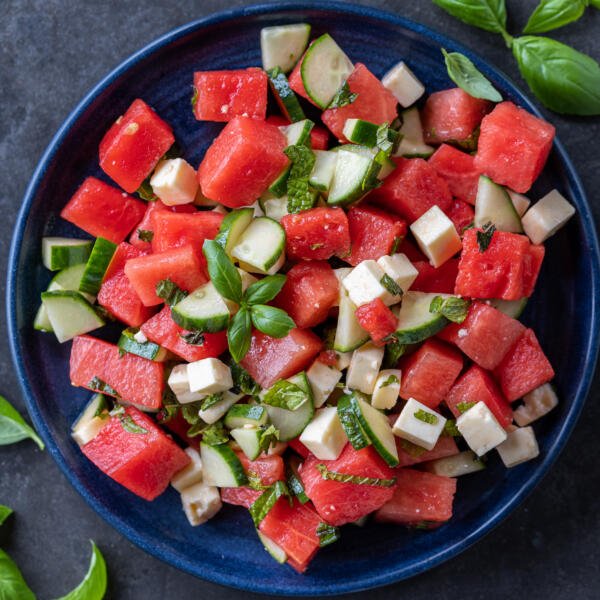Greek Watermelon Feta Salad in a plate.