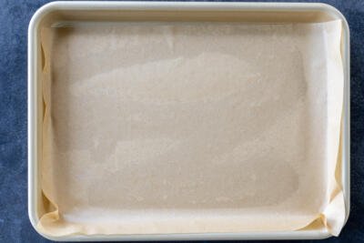 Baking sheet lined with parchment paper.
