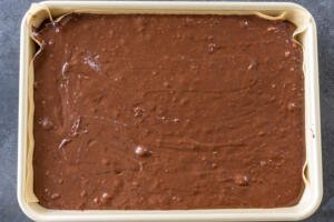 Nutella Brownies batter in a baking pan.