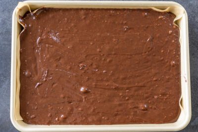 Nutella Brownies batter in a baking pan.