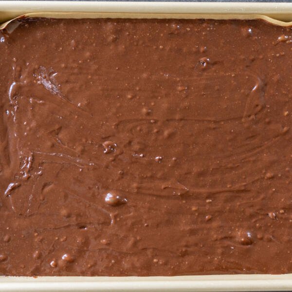 Nutella Brownies batter in a baking pan.