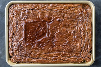 Baked Nutella Brownies in a baking sheet.
