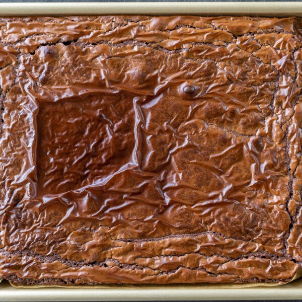 Baked Nutella Brownies in a baking sheet.