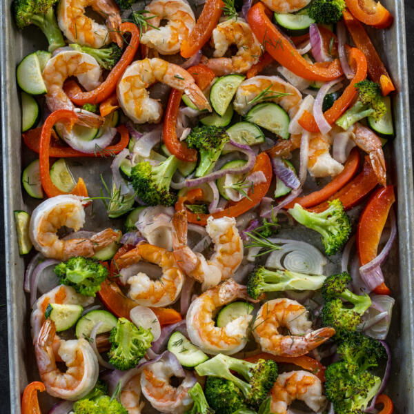 Sheet Pan Shrimp and Veggies baked.