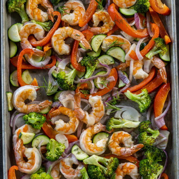 Sheet Pan Shrimp and Veggies on a pan.