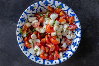 Bruschetta topping of tomato and mozarella.