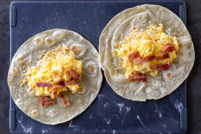 Tortillas with eggs, cheese and bacon.