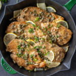 Serving pan with Chicken Piccata.