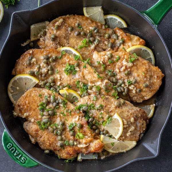 Serving pan with Chicken Piccata.