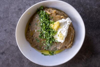Eggplant, herbs, oil. garlic and greek yogurt.
