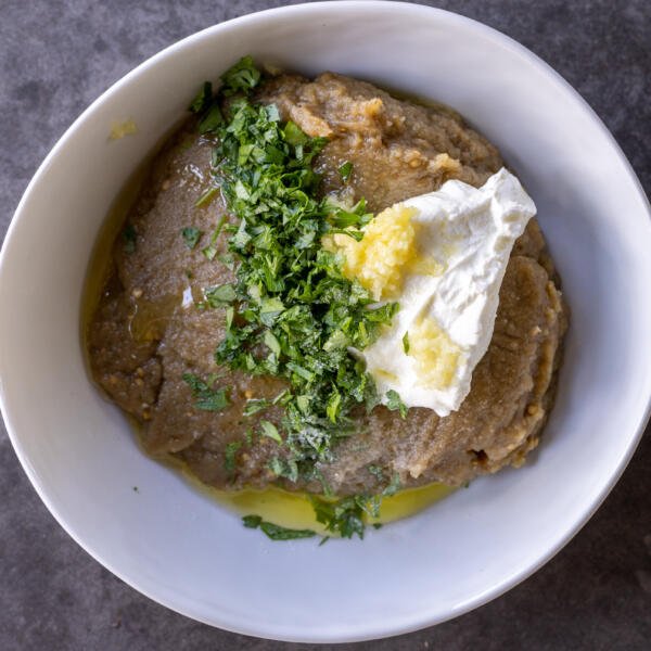 Eggplant, herbs, oil. garlic and greek yogurt.