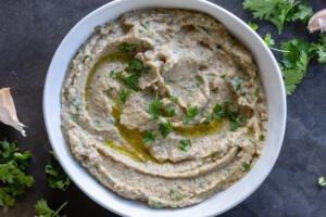 A plate with Eggplant salad.