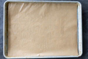 Lined baking sheet.