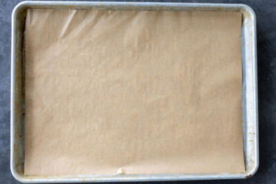 Lined baking sheet.