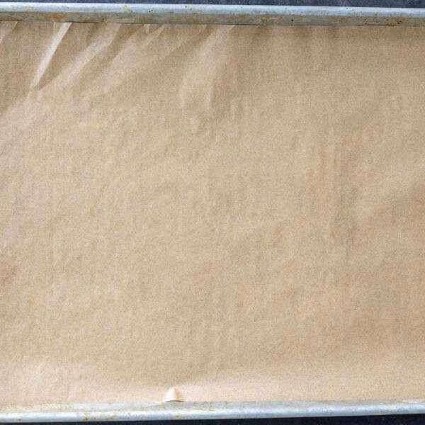 Lined baking sheet.