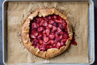 Baked Strawberry Galette on a baking sheet.