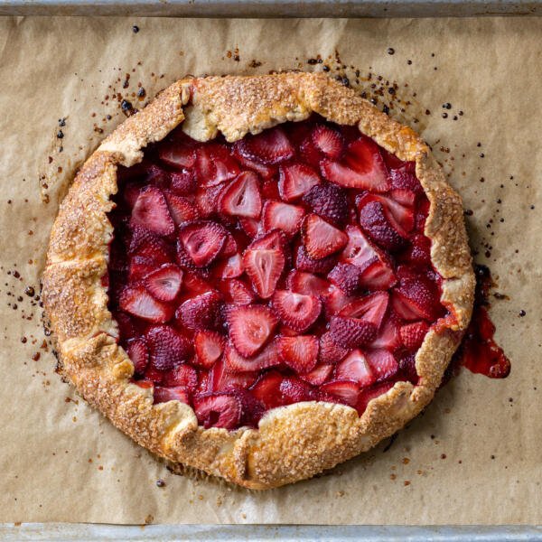 Baked Strawberry Galette on a baking sheet.