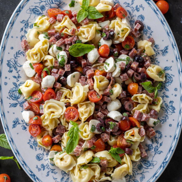 Tortellini Pasta Salad on a serving plate.