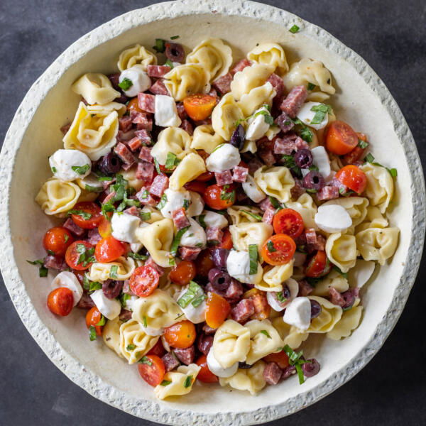Tortellini Pasta Salad in a serving bowl.