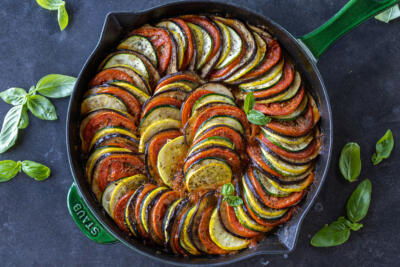 Baked Ratatouille in a pan.