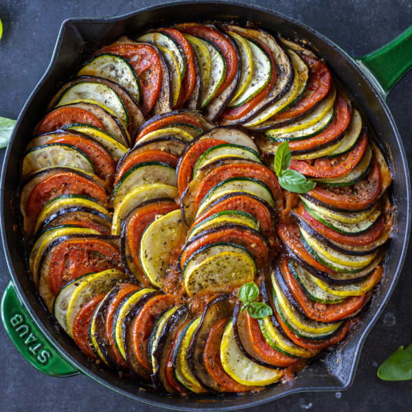 Baked Ratatouille in a pan.
