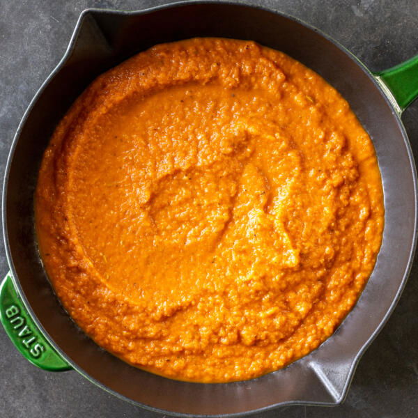 Blended sauce in a pan for Ratatouille.