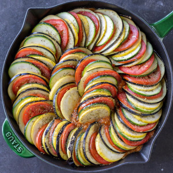 Ratatouille before baking in a pan.