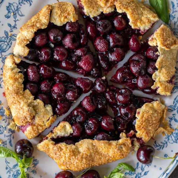 Sliced up Cherry Galette on a plate.